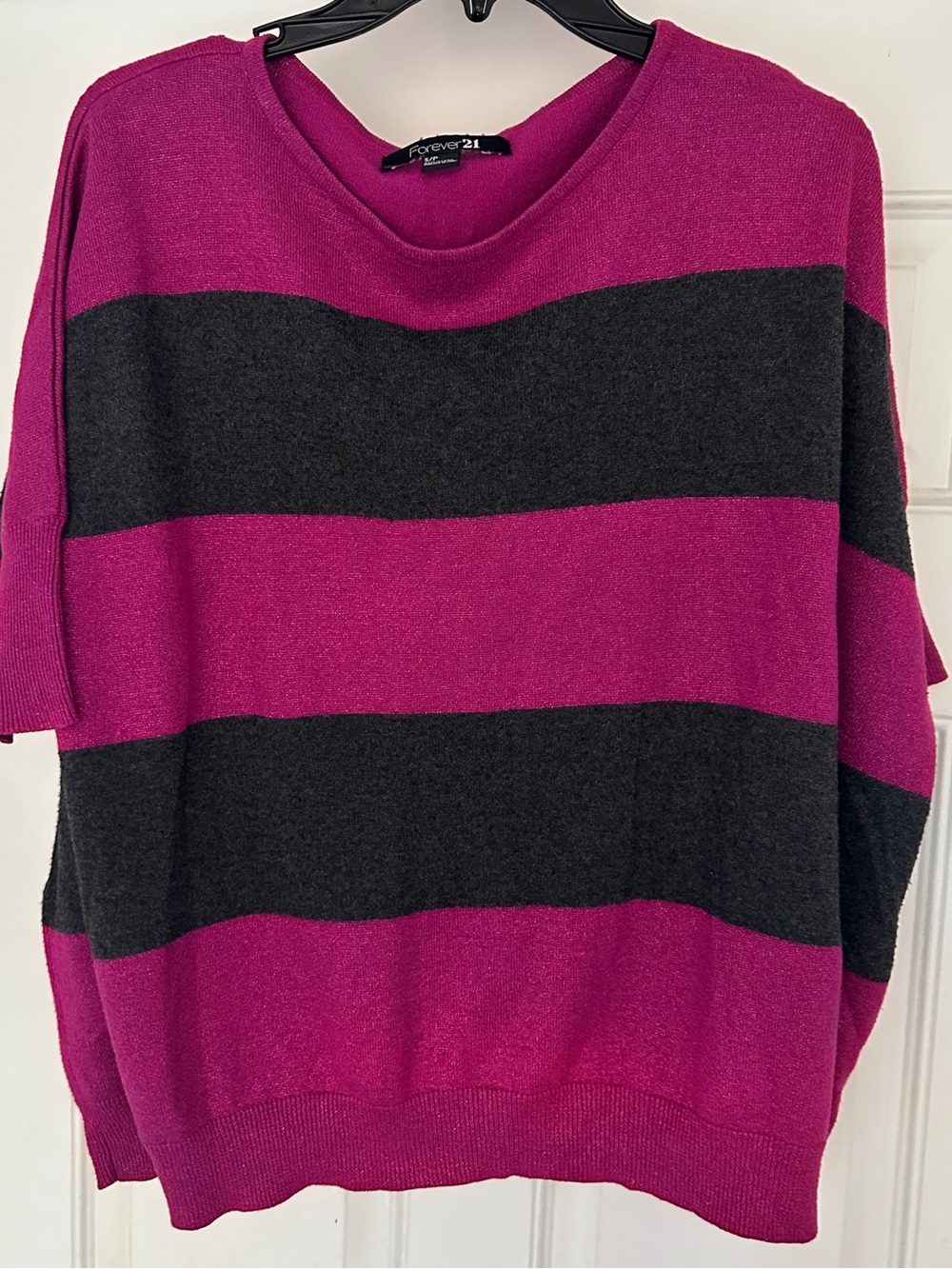 Forever 21 Fuchsia and Charcoal Wide-Stripe Crew Sweater